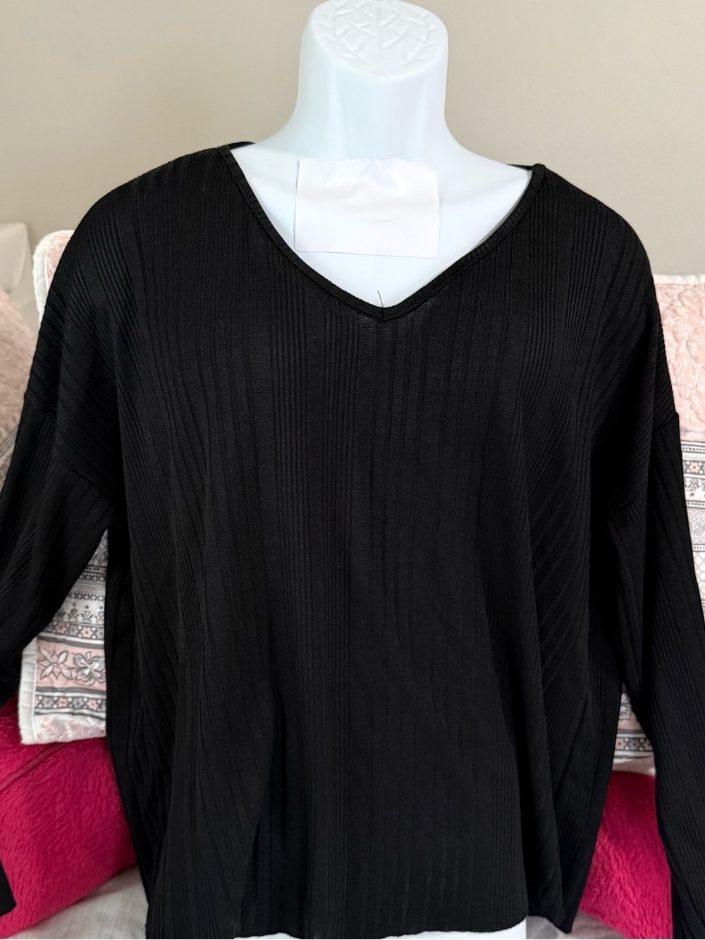 EKOUAER Black Ribbed V-Neck Long Sleeve Top
